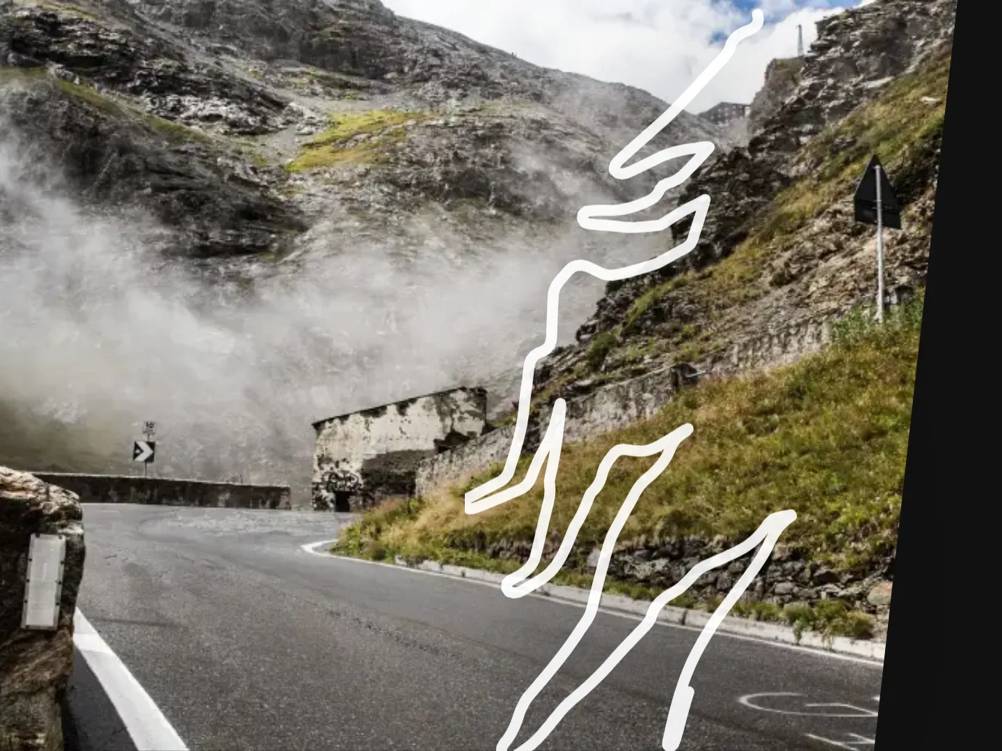 Pass block Stelvio Pass: photo with the road traced in white