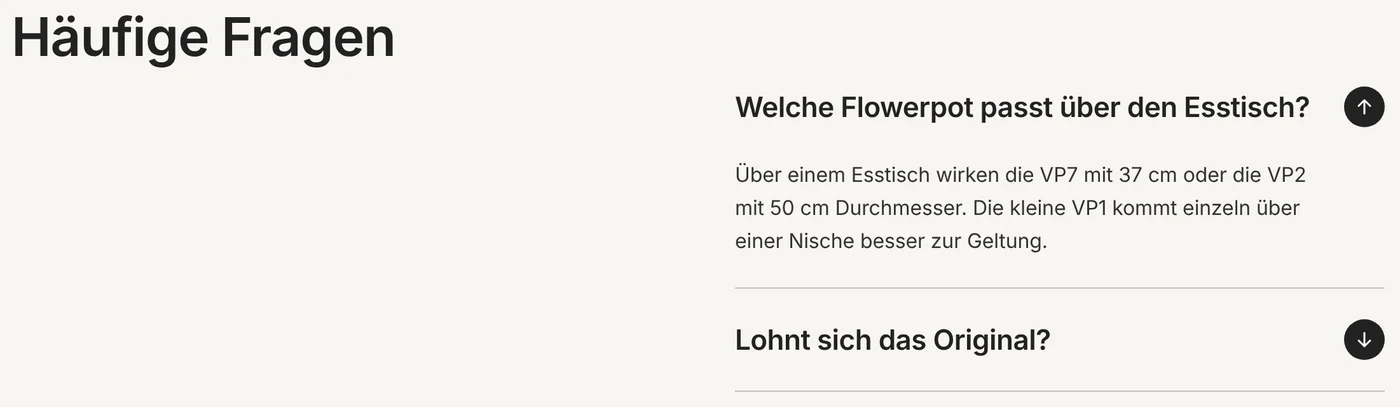 Baustein FAQ: Akkordeon mit geöffneter Frage zur passenden Flowerpot Größe