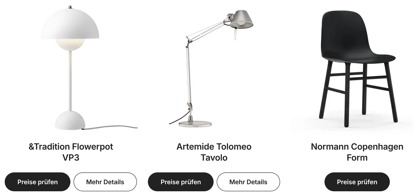 Baustein Produktkarte: Flowerpot VP3, Tolomeo Tavolo und Form Stuhl mit Buttons