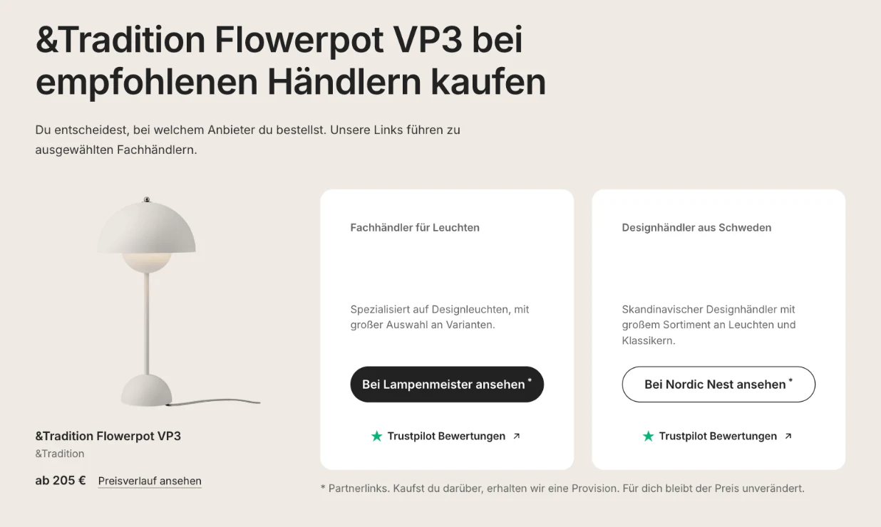 Kaufbox der Flowerpot VP3 auf dem Desktop mit Produkt, Preis und zwei Fachhändlern