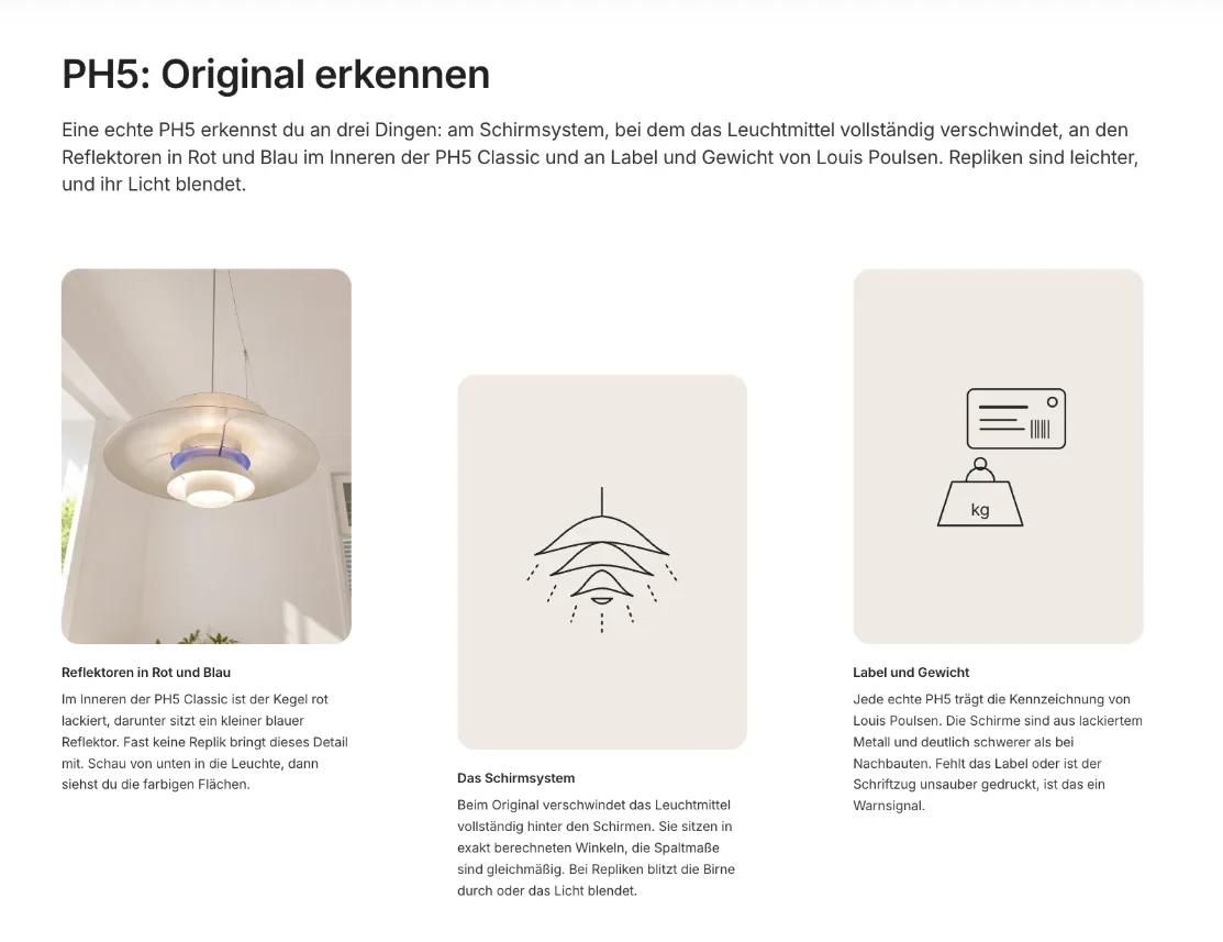 Raster Original erkennen für die Louis Poulsen PH5 mit drei Merkmalen