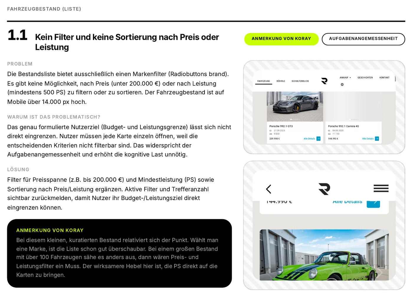 Excerpt from a report: one finding with problem, reasoning and solution, next to two annotated screenshots and below it a note by Koray Önal marked in green